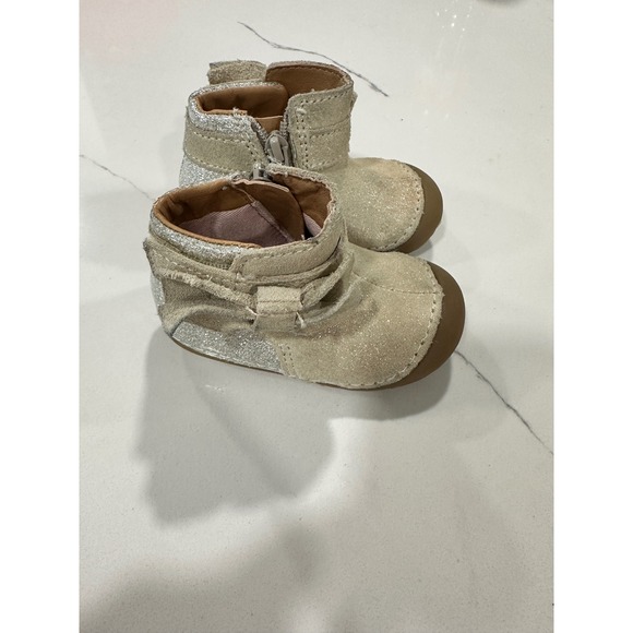 Stride Rite Genevieve Baby Girl Boots 3M Glitter Gold Tan Side Zip Shoes - Picture 1 of 6